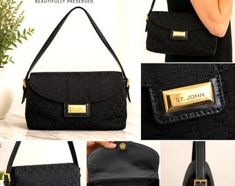 Vintage St. John Black Canvas & Leather Shoulder Bag Gold Logo Purse Zip Pocket
