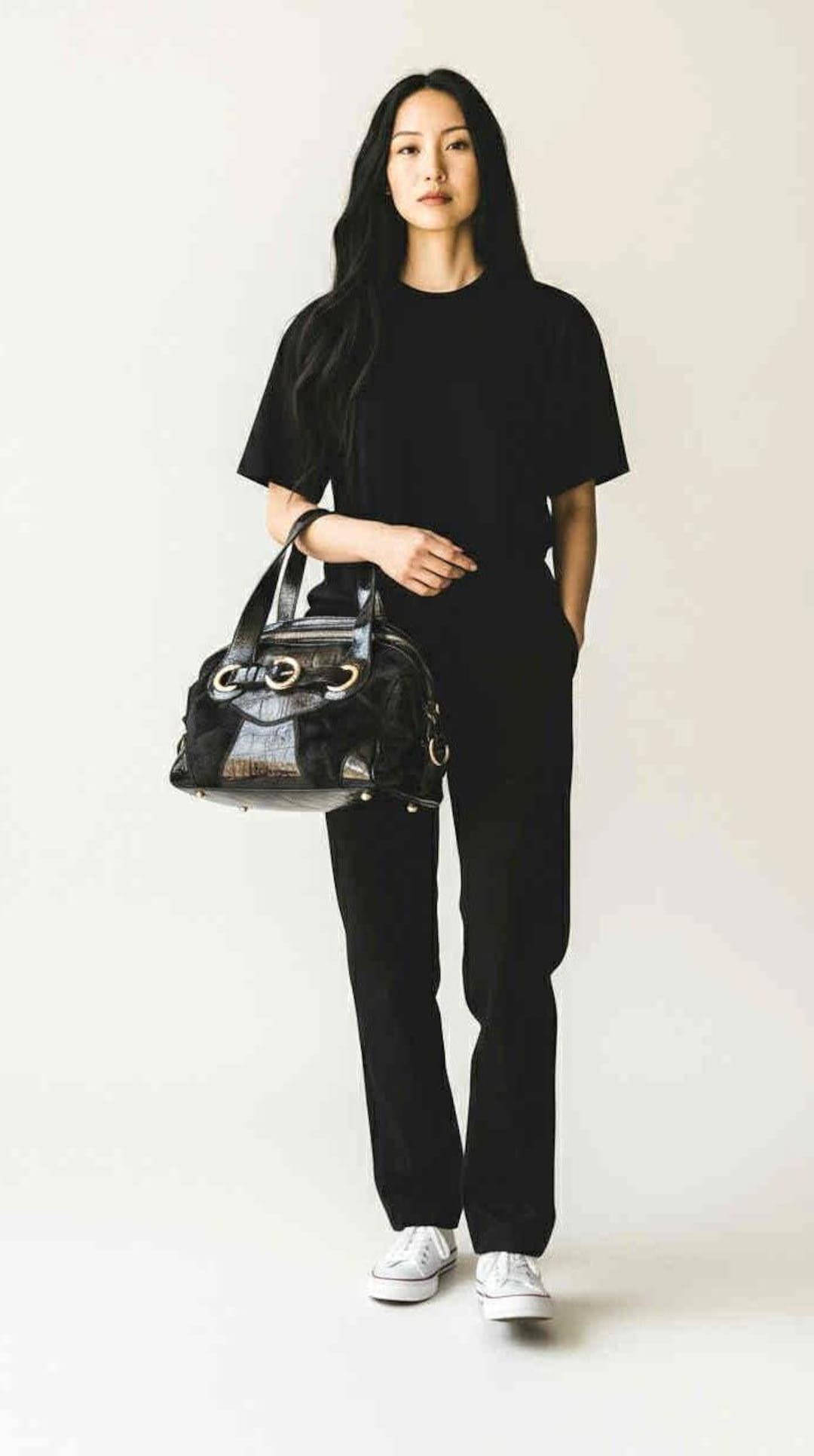 【Shakuei】　FRANCESCO BIASIA レザーハンドバッグ Francesco Biasia Designer Large Black Leather and Calf Hair