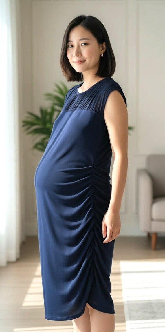 blue ruched maternity dress Inspire Chic Women's Maternity Dress Mesh Ruched Side Spaghetti Strap Bodycon Pregnancy Dresses for Wedding Guest Blue Floral XXL, Size: 2XL, Black