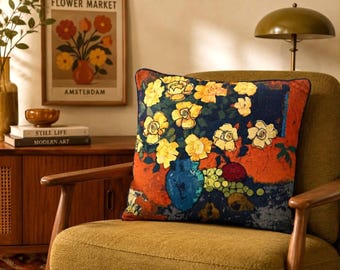 Vintage Signed Floral Tapestry Pillow Cover Art Cushion Yellow Flowers Still Life