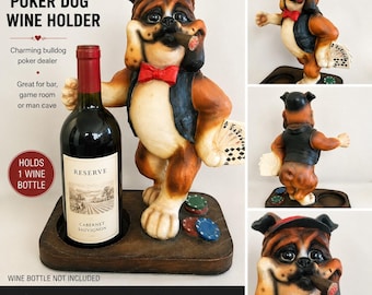 Vintage Bulldog Poker Dealer Wine Bottle Holder Cigar Cards Casino Bar Decor EUC