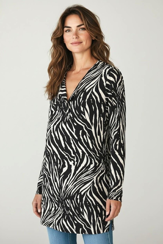 Vintage DVF Diane von Furstenberg Reina Zebra Print Dress Tunic Size 8 Black White