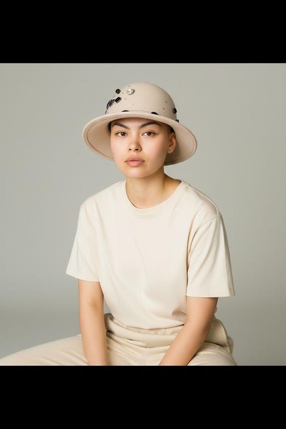 Vtg Complit by Marisa Designer Wool Cream Cloche Hat Adorned 
