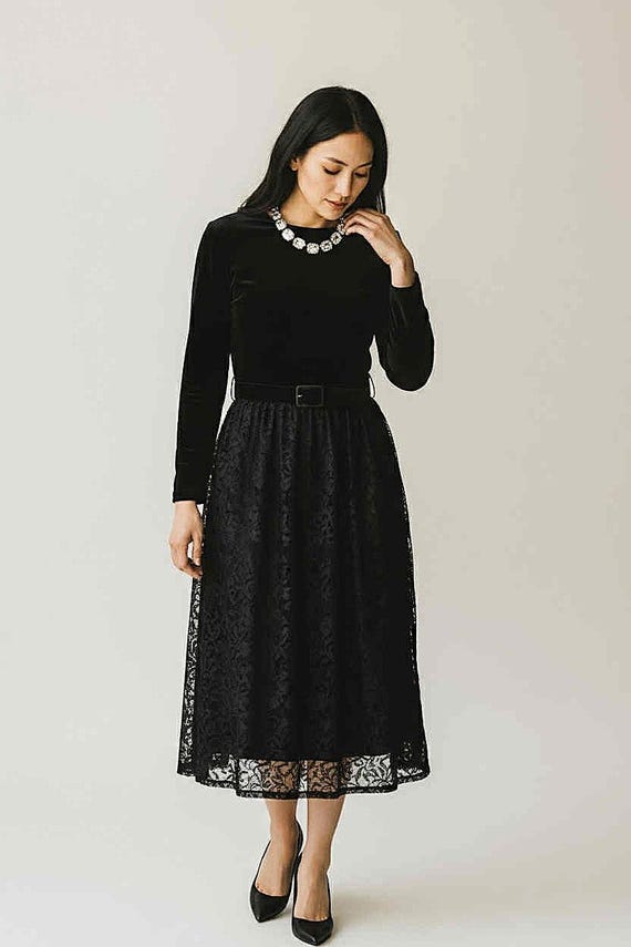 black lace velvet bow midi dress Vintage Susan Bennett Black Velvet Lace Midi Dress Bow Belt Korea Size 10  Lined