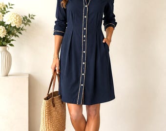 Vintage Burberry London Navy Shirt Dress Tailored Button Front Dress Dress XL Runs Small