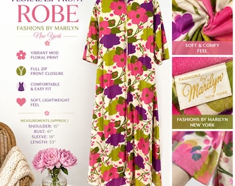 Vintage 1970s Fashions by Marilyn NY Floral Zip Front Hostess Robe House Dress