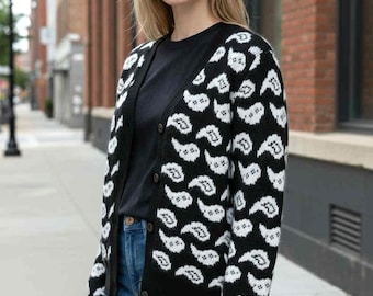 Vintage 1980s THE NOTEBOOK Black White Paisley Wool Angora Cardigan Sweater Medium Large