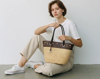 Vintage Brighton Straw Brown Leather Tote Purse Floral Cutout Silver Heart Charm Bag