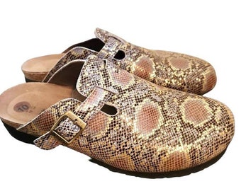 Vtg. Naot Snakeprint Leather Gold Brown Blue Metallic Mule Shoes Size 41 US 10 EUC!!!