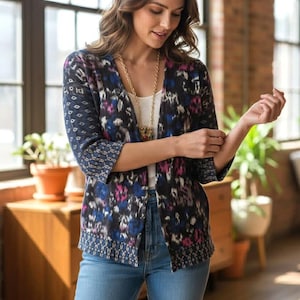 Vtg Guinevere Anthropologie Merino Wool Cardigan S Boho Patterned Open Front Sweater image 2