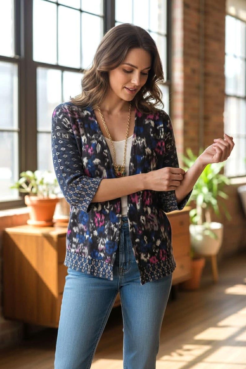 Vtg Guinevere Anthropologie Merino Wool Cardigan S Boho Patterned Open Front Sweater image 2
