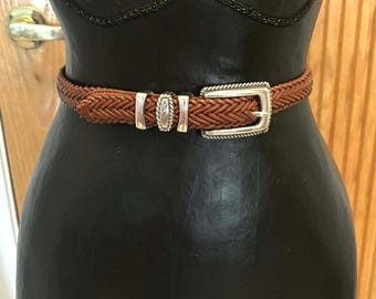 Vintage Brighton Brown Braided Leather Belt Silver Tone Buckle Western Style Size 26