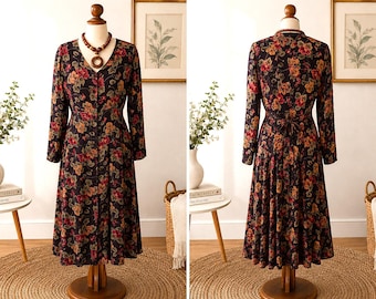 Vintage April Cornell Floral Rayon Midi Dress M Button Front Tie Back Cottagecore