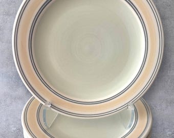 Juego de 4 platos llanos vintage Pfaltzgraff de cerámica Key Largo con bandas de color crema, amarillo y verde