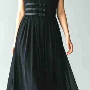 Vintage 1960s Black Crepe A-Line Dress 3 Buckles on Waistband Full Skirt M EUC!!
