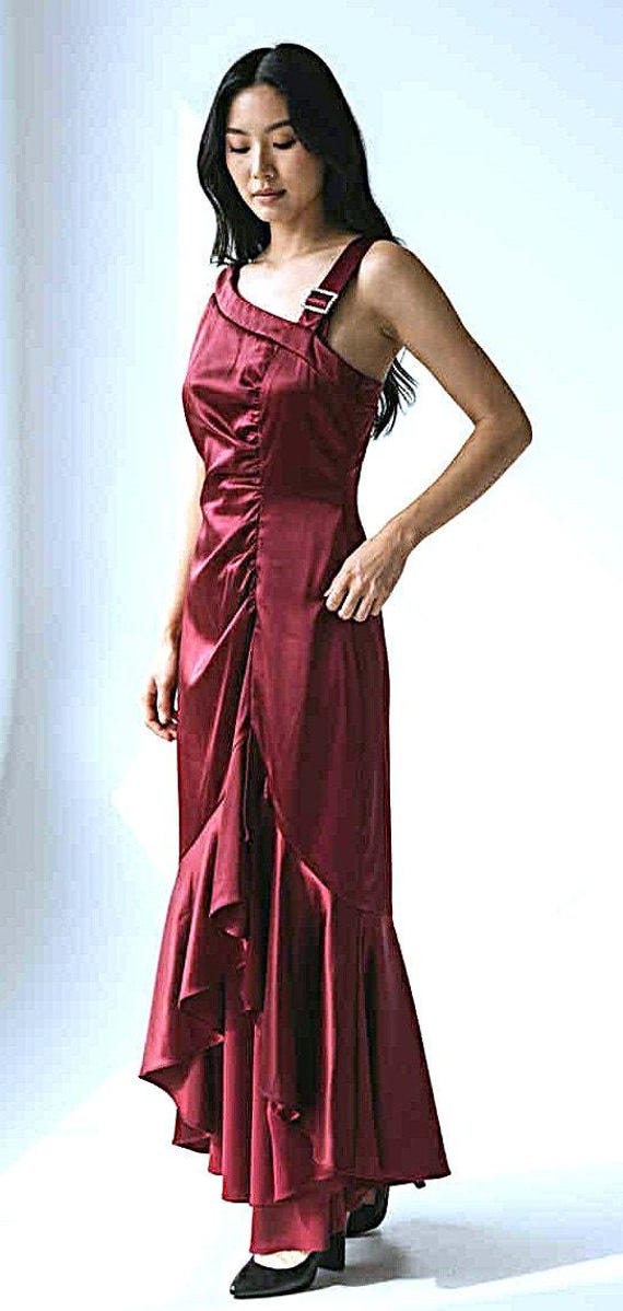 navy blue dress for baby girl Vtg Blondie Nites Linda Bernell Burgundy Satin Evening Dress Rhinestone  Strap XS