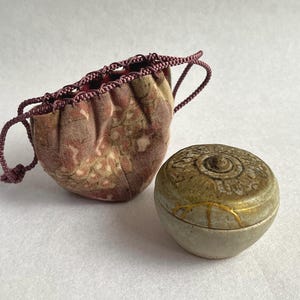 Antique Kintsugi Incense Container | 13th Century Thai Sawankhalok Pottery | Gold Repair | Wabi Sabi Gift with Handmade Shifuku Pouch