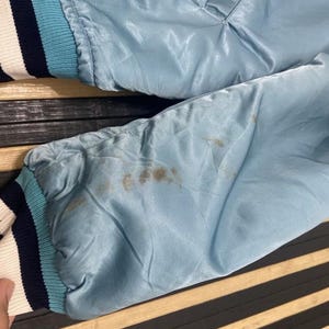 Puede incluir: Chaqueta de sat&eacute;n azul claro con cuello y pu&ntilde;os de canal&eacute;. Los pu&ntilde;os presentan rayas azul marino, blancas y azul claro. La chaqueta tiene manchas en la manga.
