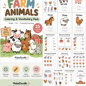 May include: A Farm Animals Coloring & Vocabulary Pack with 25 printable pages. The cover features a cow, horse, pig, sheep, chicken, goat, donkey, turkey, rabbit, and duck. Includes activities like matching, counting, and a certificate for farm animal experts.