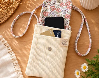 Pochette téléphone fleurie en velours côtelé | Sac bandoulière femme | Pochette portable artisanale | Petit sac léger fait main
