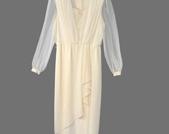 VTG 80s Ursula of Switzerland Evening Dress Ivory Chiffon Beaded Sheer Sleeve 14