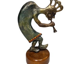 Rick Rowley Bronze Kokopelli Sculpture 8” Marked Figurative Art Wood Base