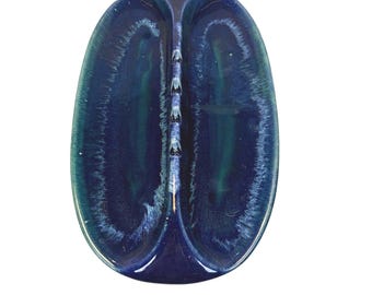 Posacenere VTG MCM con smalto a goccia, blu e verde, in ceramica USA, grande ovale, stile Hull McCoy
