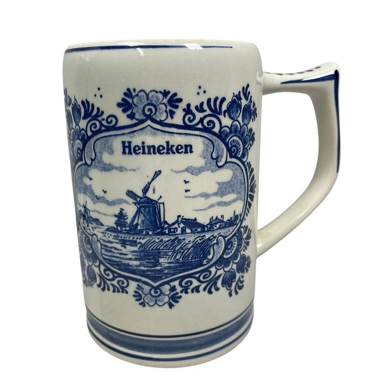 VTG Heineken Beer Mug Hand Painted Delft Blue Windmill Cup Holland Pottery image 1