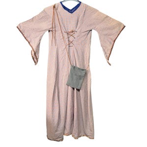 May include: A long, flowing robe with a checkered pattern in shades of pink, orange, and white. The robe features wide sleeves with decorative trim, a laced bodice, and a small gray pouch. The neckline is trimmed with blue.