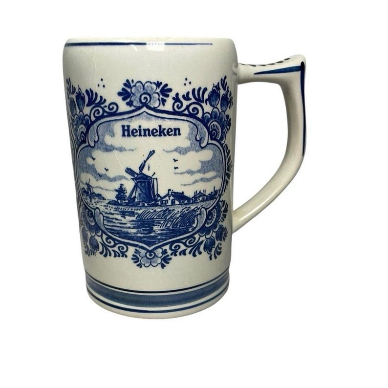 VTG Heineken Beer Mug Hand Painted Delft Blue Windmill Cup Holland Pottery image 2