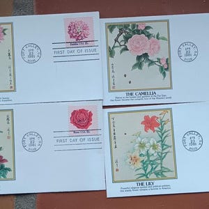 Envelopes vintage Flores Rosa Dália Tulipa Lírio Camélia 1981 Conjunto de 4