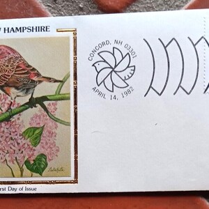 Envelope vintage New Hampshire pássaro e flor 1982 seda colorano