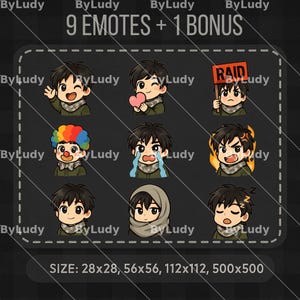 May include: Nine animated emoticons featuring a cartoon character with different expressions, including a heart, tears, and a clown hat. The emoticons are in a grid format with the text "9 EMOTES + 1 BONUS" and "SIZE: 28x28, 56x56, 112x112, 500x500" at the top and bottom of the image.