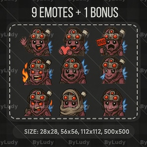 Puede incluir: Nueve emoticonos animados que presentan un personaje con ojos rojos y un casco, cada uno con una expresión diferente. Los emoticonos están en un formato de cuadrícula con el texto "9 EMOTES + 1 BONUS" en la parte superior y "SIZE: 28x28, 56x56, 112x112, 500x500" en la parte inferior.