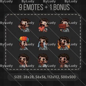 Puede incluir: Nueve emoticonos animados que presentan un personaje de dibujos animados con diferentes expresiones, incluyendo un corazón, un sombrero de payaso, lágrimas, fuego y un cartel que dice "RAID". Los emoticonos están en un formato de cuadrícula con un fondo negro y un borde blanco. El texto "9 EMOTES + 1 BONUS" está en la parte superior de la imagen. El texto "SIZE: 28x28, 56x56, 112x112, 500x500" está en la parte inferior de la imagen.