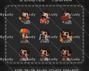 Könnte beinhalten: Neun animierte Emojis mit einem Cartoon-Charakter, der verschiedene Ausdrücke zeigt, darunter ein Herz, einen Clownshut, Tränen, Feuer und ein Schild mit der Aufschrift "RAID". Die Emojis sind in einem Rasterformat mit schwarzem Hintergrund und weißem Rand angeordnet. Der Text "9 EMOTES + 1 BONUS" befindet sich oben im Bild. Der Text "SIZE: 28x28, 56x56, 112x112, 500x500" befindet sich unten im Bild.