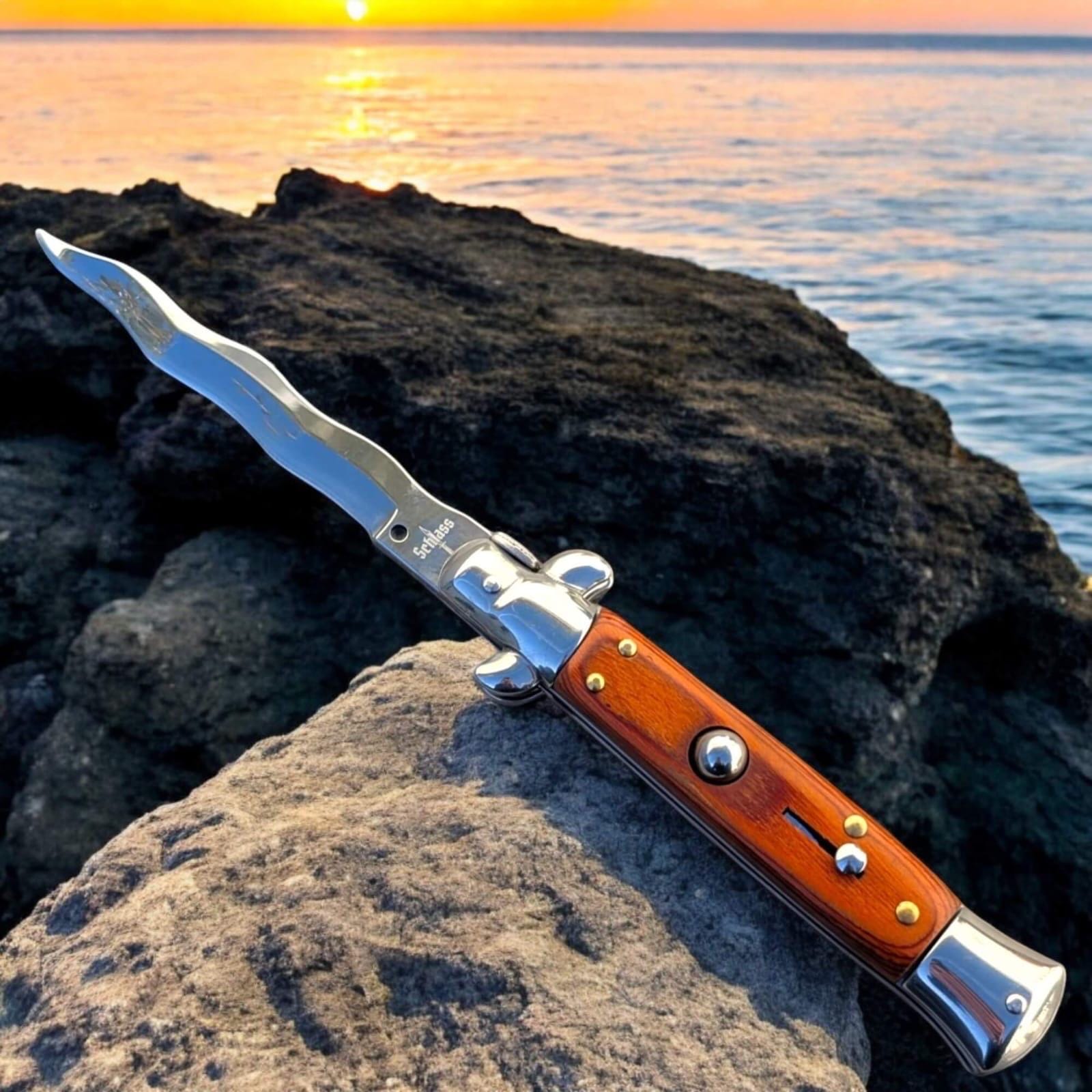 Folding Pocket Knife – Italian Stiletto Milano Brown Wood & Silver – Original Gift for Men, Boyfriend, Birthday, Hiking, Survival