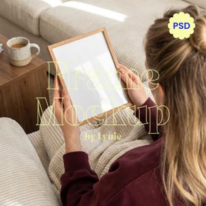Cozy Couch Frame Mockup, Autumn Mood Editorial Digital Frame, Woman Holding Frame Lifestyle Interior Scene, Soft Relaxing Aesthetic Template