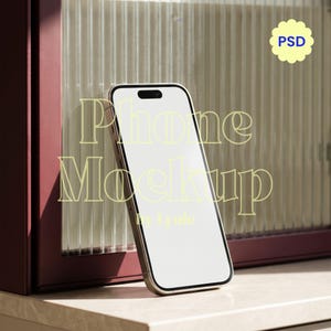 May include: A smartphone with a blank white screen, featuring a black frame and a pill-shaped camera cutout at the top. The text "Phone Mockup by Lyule" is overlaid in yellow, and a yellow scalloped badge with "PSD" is in the upper right corner.