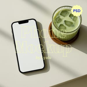 Iced Matcha Flat Lay iPhone Mockup, Cafe Aesthetic Phone Screen Scene, Coffee Shop Branding Website Template, Cozy Setup Digital Mock Up