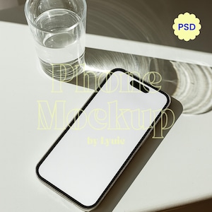 May include: A smartphone mockup with a white screen and black trim, next to a clear glass of water. The text "Phone Mockup by lyuie" is displayed in a light yellow font. A yellow flower-shaped "PSD" logo is in the upper right corner.