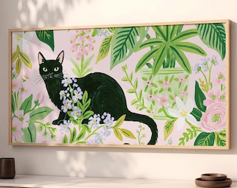 Black Cat Floral Wood Wall Art, Pink Botanical Decor Over Couch SP0336