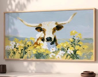Texas Longhorn Print Yellow Wildflower Field Wall Art SP0325