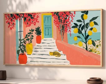 Large Mediterranean Lemon Cat Wood Wall Art, Floral Coastal Decor SP0334