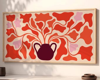 Large Retro Floral Vase Wall Art, 70s Boho Panoramic Print, Red Pink Decor SP0338