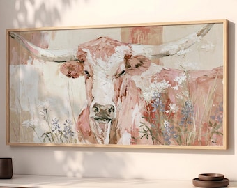 Texas Longhorn Cow Large Wall Art, Western Wildflower Farmhouse Wall Decor SP0326