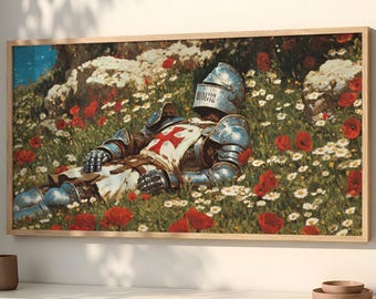 Peaceful Medieval Knight Resting in a Flower Field Large Wood Wall Art SP0343
