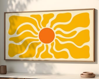 Large Retro Sun Wall Art, 70s Boho Panoramic Print, Mustard Yellow Decor SP0270