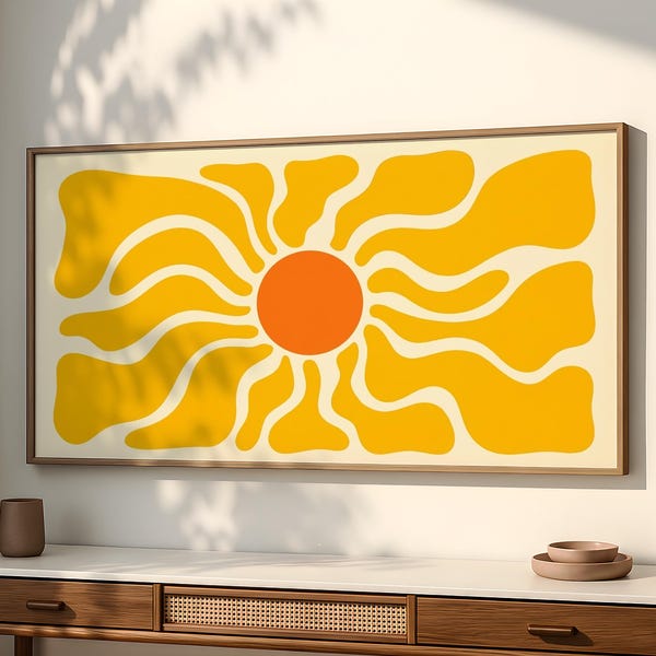 Large Retro Sun Wall Art, 70s Boho Panoramic Print, Mustard Yellow Decor SP0270