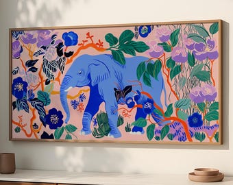 Blue Elephant Jungle Print: Maximalist Tropical Wall Art SP0029